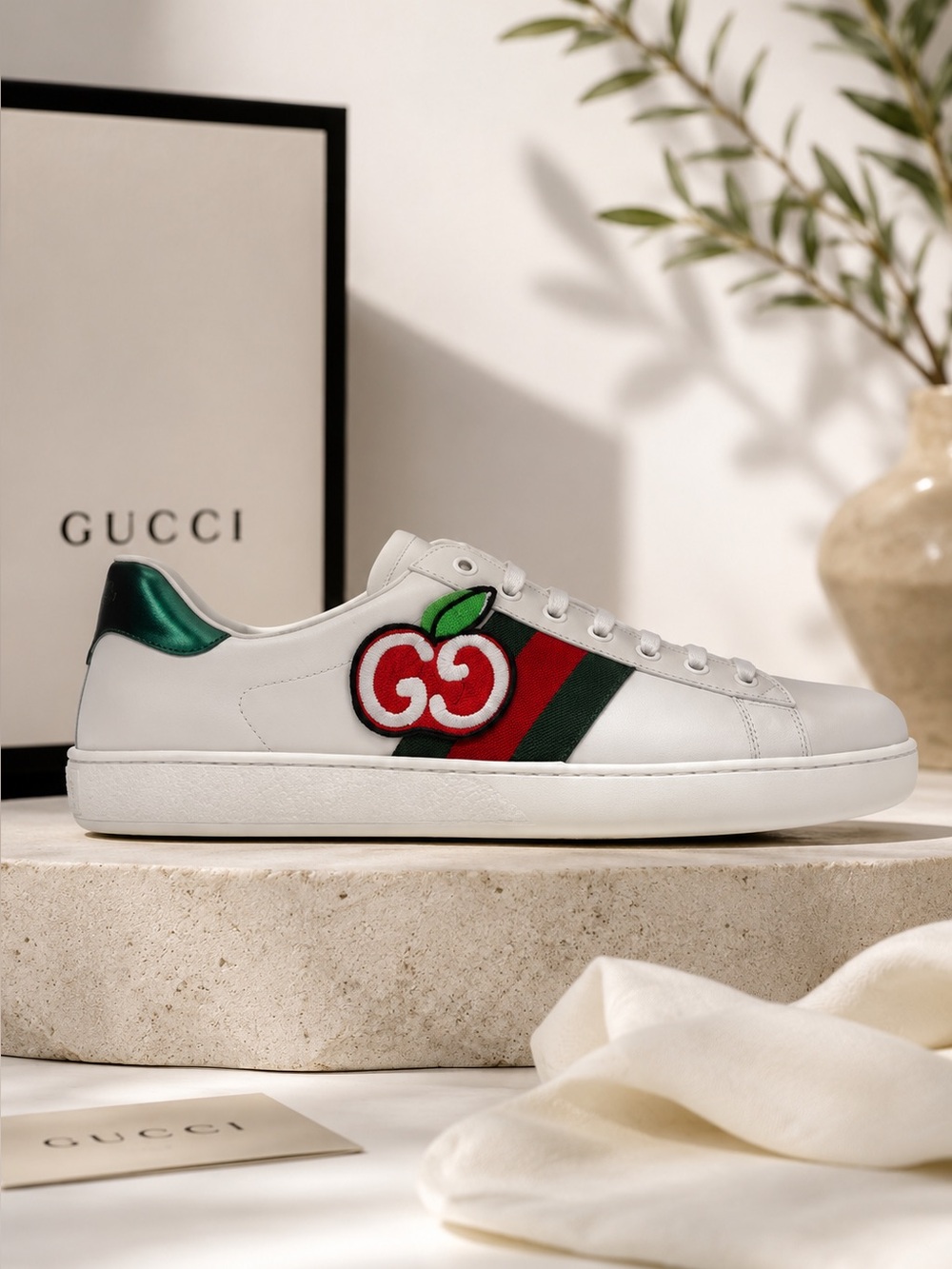 Gucci Ace Apple GG  Embroidered White Sneakers